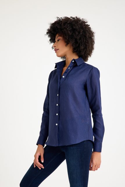 One Bull Basic Linen Navy Shirt